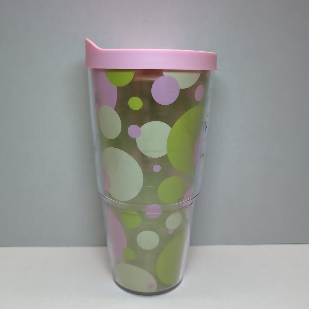 Tervis Tumbler 24 oz Polka Dot Circles Pink Lid Green White Travel‎ Mug